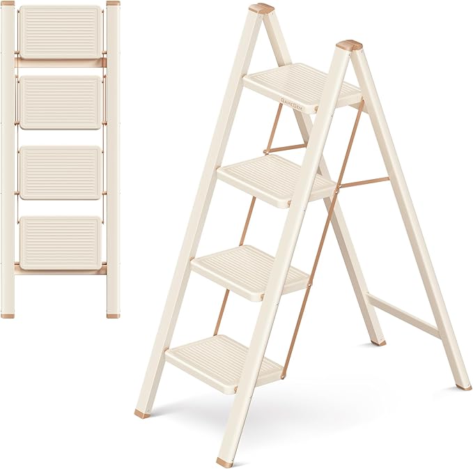GameGem 4 Step Ladder Folding Step Stool with Wide Anti-Slip Pedal, 330LBS Capacity, Lightweight Portable Stepladder for Home and Kitchen Use, Cream Chocolate