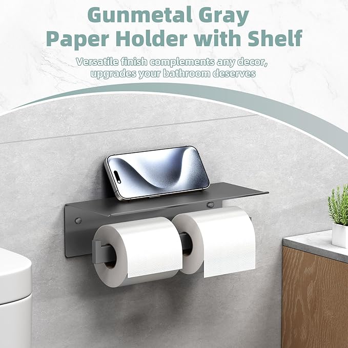 APLusee Gunmetal Gray Double Toilet Paper Holder with Shelf, 304 Stainless Steel Bathroom Tissue Roll Holder, Wall Mounted Paper Dispenser for Bathroom Kitchen, Fits Mega Rolls