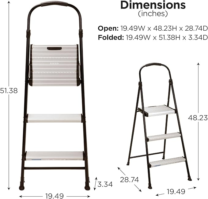 COSCO Lightweight Three-Step Folding Step Stool for Home Use - Large Platform, One-Hand Release, Non-Marring Leg Tips, Aluminum and Steel Frame
