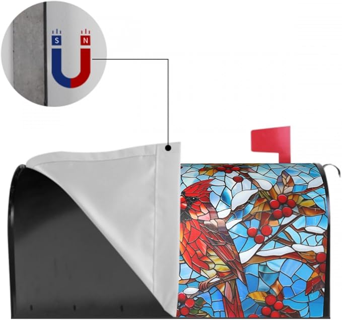 Giwawa Winter Cardinal Bird Mailbox Covers Red Birds on Holly Berry Branches Snow Mail Box Cover Magnetic Oversized 25.5 x 21 Stained Glass Christmas Mailbox Wrap Holiday Mailbox Xmas Decorations