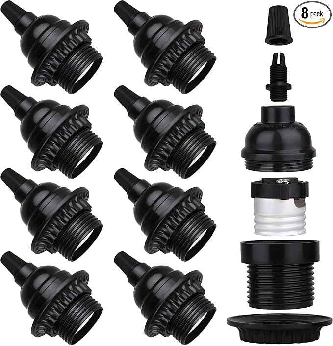 8 Pack E26 E27 Light Sockets, Black Medium Screw Base with Shade Ring, Retro Period Style Edison Lamp Holder, Replacement DIY Making Light Bulb Socket Cover Pendant Lamp Holder Keyless Lamp