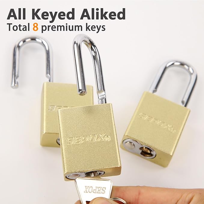 SEPOX® 4 Pcs Ultra-Durable Anti-Rust Outdoor Padlocks - Gold Aluminum, 38mm (1-1/2") with Long Shackle & 8 Same Keys, Ideal for Gate, Storage, Locker, Fence & Lock-Out, High Security