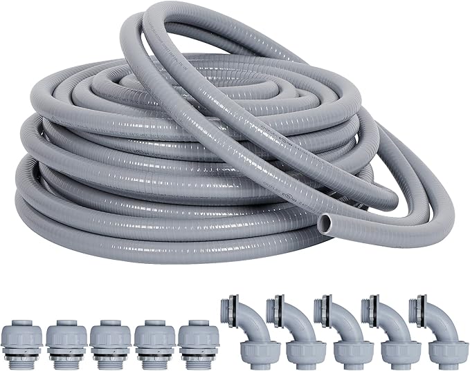 Liquid-Tight Conduit and Connector Kit 1/2inch 25ft, Flexible Non Metallic Liquid Tight Electrical Conduit w/UL Certification, Electrical Conduit Kit with 5 Straight, 5 Angle Fittings
