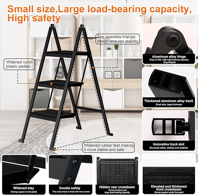 3 Step Ladder,Aluminum Ultra Thin Folding Step Stool,400 Lbs Capacity Heavy Duty with Anti-Slip Sturdy and Wide Tread,Closet Slim Step for Home,Kitchen and Office,Space Saving (Black, 3-Step)