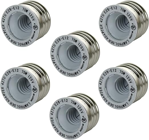 Diodesy- E26 to E12 Socket Adapter Medium to Candelabra Screw Bulb Socket Maximum Wattage 75W Perfect Solution for Bulb-to-Fixture Compatibility Ceiling Fans Pendant Wall Sconces UL Listed Pack of 6