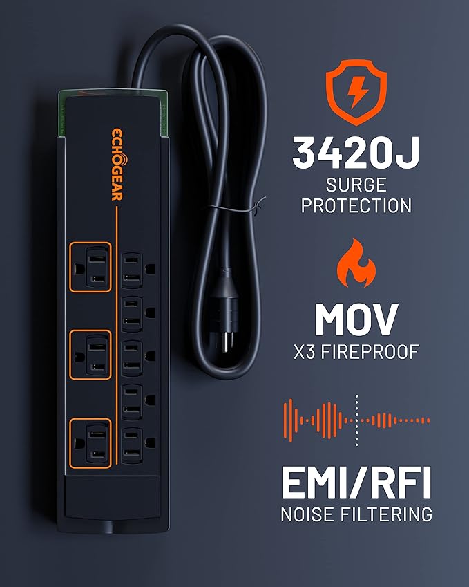 ECHOGEAR ShockBlocker 8 Outlet Surge Protector Power Strip - Slim Design Can Power & Protect Your Entire TV, Office, Or Gaming Setup - Advanced Surge Suppressor with 3420 Joules of Protection