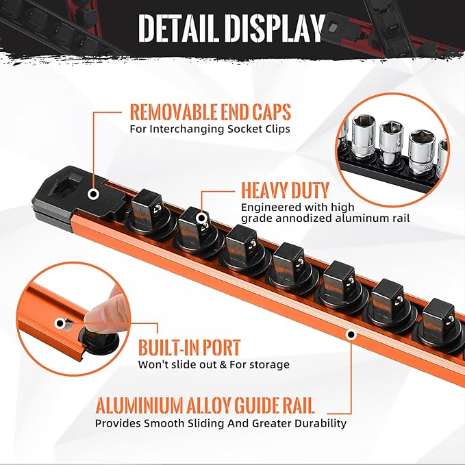 Magnetic Socket Organizer, 1-Piece Heavty Duty Aluminum Socket Holder, Socket Rail for Tool Box, Premium Quality 360° Swivel Socket Rack with 12 Clips for 1/2-Inch(Orange)