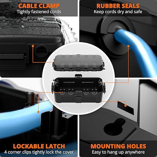 QUOBAS Outdoor Waterproof Electrical Box with 6 Cable Ports, IP54 Weatherproof Heavy-Duty Extension Cord Cover for Power Strips, Garden Power Tools, Holiday Lights, Black