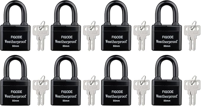 FIGODE® Outdoor Waterproof Padlocks, Covered Heavy Duty Laminated Steel Locks, Large Sturdy Locks, 2.2 in. Wide, 8 Locks Same Key, Standard Shackle
