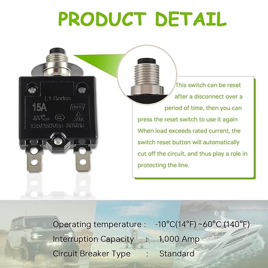 15A Manual Reset Push Button Circuit Breaker 125/250V AC 50V DC Thermal Overload Protector with Quick Connect Terminals and Waterproof Button Caps Assortment Kit(Pack of 1 pcs)