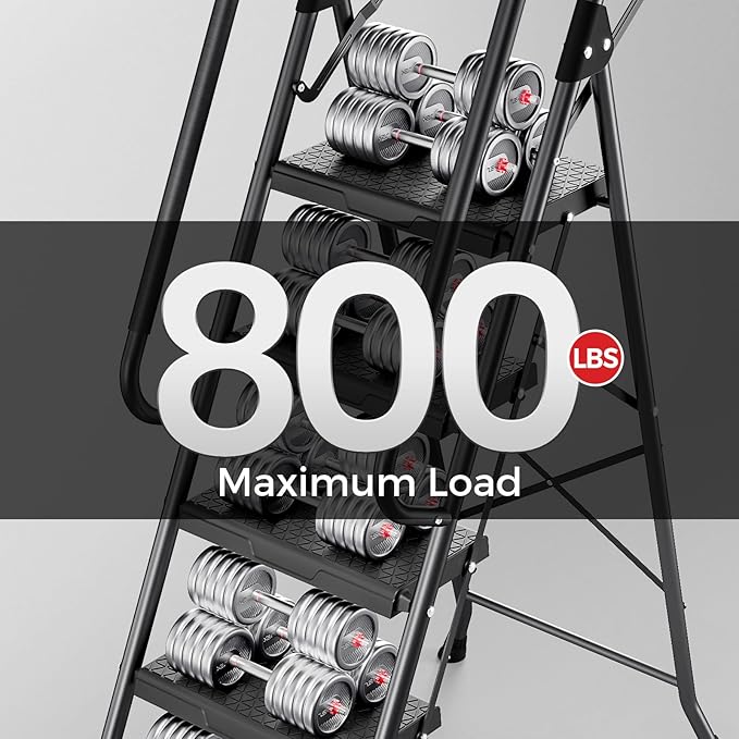 KINGRACK 5 Step Ladder, Folding Step Stool for Adult with Tool Platform, Handrails, Wide Anti-Slip Pedals, Pass 800lbs Load Testing, Portable Safety Step Stool for Home, Kitchen, Black