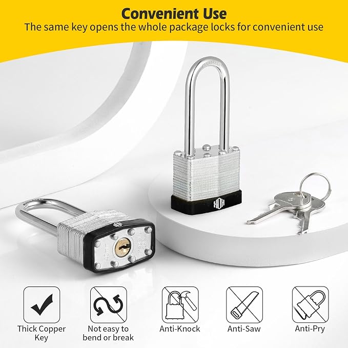HOX Keyed-Alike Padlocks w/ 2” Long Hardened Shackle, 1-9/16” Wide Body, 12-Pack Shackle Padlock for Hasp Latch, Shed, Fence, Storage Locker, Black