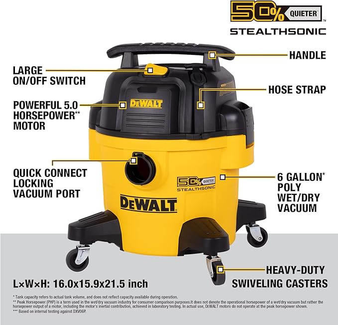 DEWALT 6 Gal Stealthsonic Shop Vacuum Wet and Dry, 5 Peak HP Poweful Suction Ultra-Quiet Vacuum Cleaner with Complete Accessory Kit and 6 Dust Bages, Shop Vac for Home, Jobsite, Workshop, Garage, Car