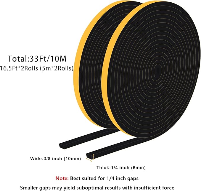 Door Weather Stripping for Doors and Windows, Self-Adhesive Foam Gasket Tape, Energy-Saving (3/8 in x 1/4 in x 33Ft)