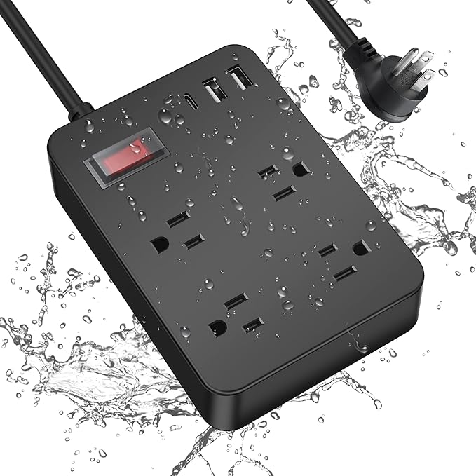 Outdoor Power Strip Weatherproof,Fast Charging Station 20W USB C,Waterproof Surge Protector 4 Outlets, Multi Outlet Extension for Camping, Garden, Kitchen,Bathroom,Flat Plug (Black, 10 FT Cable)
