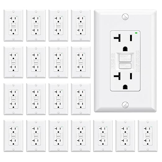 ELEGRP GFCI Outlet 20 Amp, Self-Test GFI Electrical Outlet with Narrow Design, GFCI Receptacle with LED Indicator, UL Listed, White, Wall Plate Included, 20 Pack