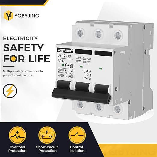 DC Circuit Breaker 32 Amp Solar Panel Disconnect Switch 12V-500V 3 Poles Miniature Solar Circuit Breaker for Outdoor PV Homes Battery, AC 110V DIN Rail MCB