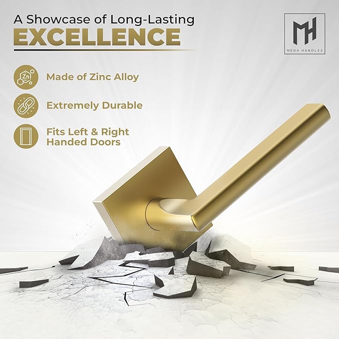 Mega Handles Prime Dummy Door Handles - 4 Pack Heavy Duty Gold Door Handle, Non-Turning Door Handle for Hallway, Closet & French Doors, Single Side, Fits All Standard Doors - Satin Brass