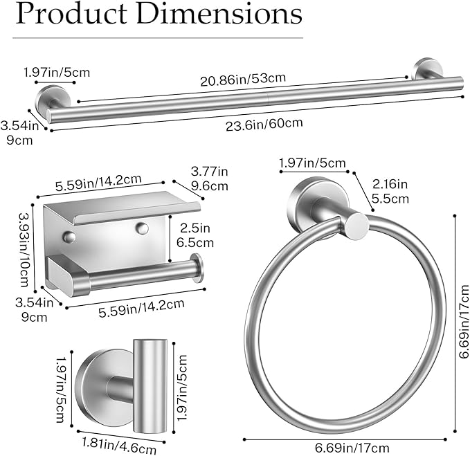 5-Piece Brushed Nickel Towel Bar Set Bathroom Hardware Set Includes Multi-Purpose Toilet Paper Holder 23.6in Towel Bar Towel Ring Towel Hooks Stainless Steel Wall-Mounted Bathroom Accessories