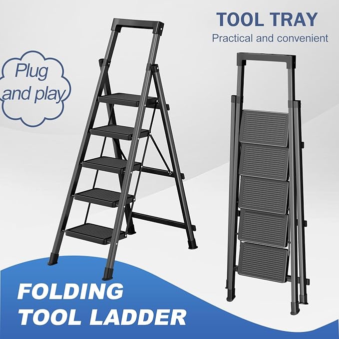 5 Step Ladder with Tool Tray,Portable Step Tool 330lb Load,Folding Step Ladder with Anti-Slip Widen Pedals,Handrail,Safe-Lock Design Carbon Steel Step Ladder for Painting Outdoor Garage+1
