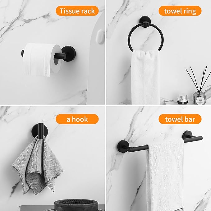 Bathroom Hardware Set Matte Black, 10 Pieces Bathroom Accessories Set Includes Includes 2 Packs 24 Inch Towel Bar, Towel Ring, Toilet Holder and 4 Packs Towel Hooks
