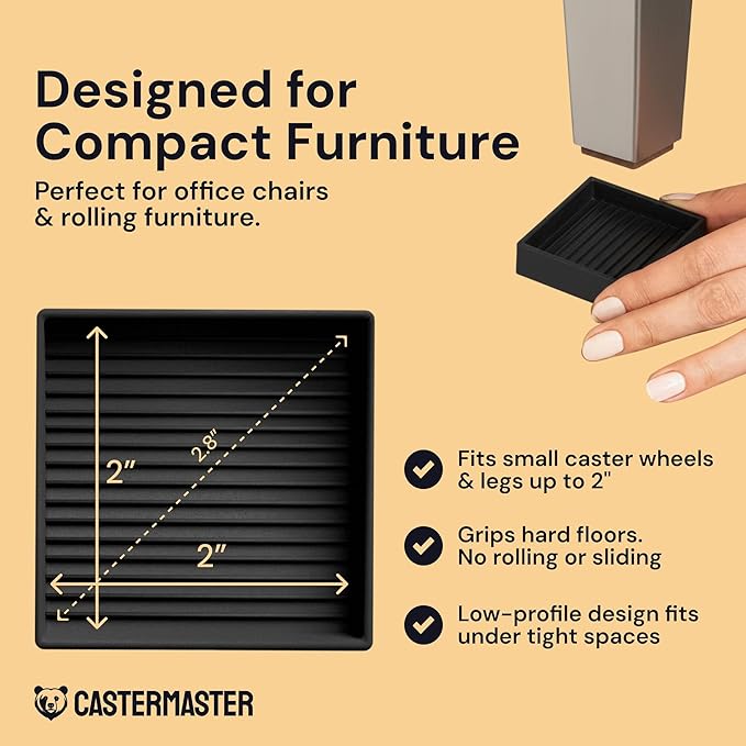 CasterMaster Non-Slip Rubber Furniture Pads - 2x2in Pack of 8 Black - Floor Scratch Protector - Anti-Skid Design & Keep Furniture from Sliding - Caster Cups & Rubber Feet