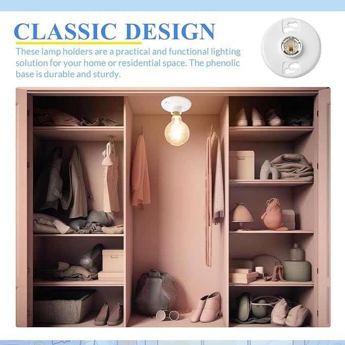 1 Pcs Medium Base E26 Lamp Holder Ceiling Light Sockets White Bulb Socket Incandescent Fluorescent CFL Lamp Holder 660w 250v (Phenolic Resin)