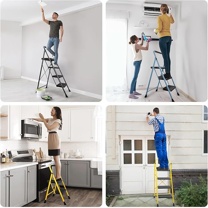 TICONN 2 Step Ladder, Heavy Duty Foldable Step Stool, Portable Steel Folding Stool for Household Garage Storage (Yellow)