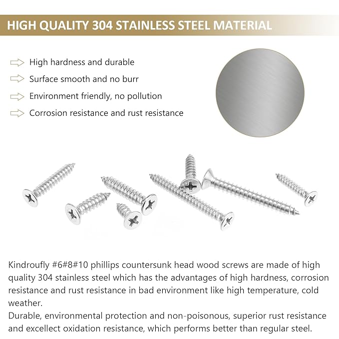 327 Pieces #6#8#10 Phillips Countersunk Head Self-Tapping Screws, Wood Screws Assortment Kit, 304 Stainless Steel