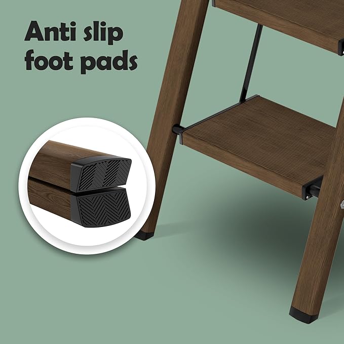 Taranta 2 Step Ladder,Aluminum Lightweight Folding 2 Step Stool with Anti-Slip Wide Pedal,330lbs Capacity Step Ladder for Household,Kitchen,Office - Walnut