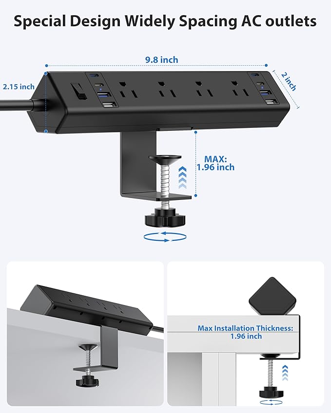 40W Fast Charging Station,Desk Clamp Power Strip 20W USB C,8 Outlets,8 USB Ports,4 USB C and 4 USB A, Office Furniture Nightstand Edge Mount Surge Protector, 14AWG Cord, Fits 1.9" Tabletop Edge