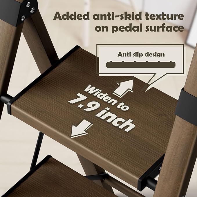 Taranta 4 Step Ladder, Portable Folding Ladder with Wide Pedal, Lightweight Aluminum Step Stool with Convenient Handgrip, 330 lbs Capacity Stepladder for Home, Office - Walnut