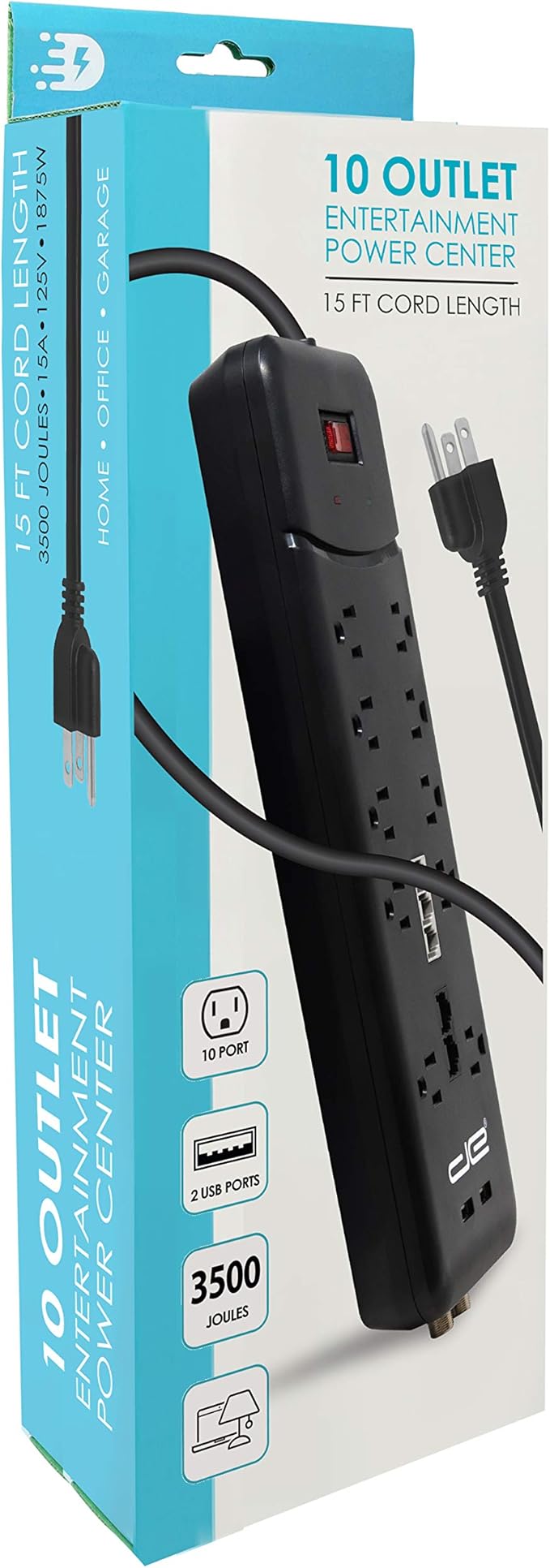 Digital Energy 10-Outlet Straight Plug 4050 Joules Heavy Duty Surge Protector Power Strip, 25 Foot Long Extension Cord, 15 AMP, 15 FT, Black