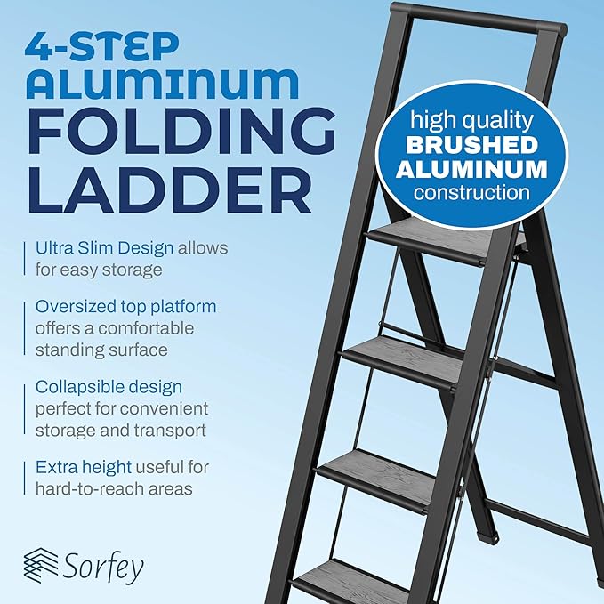 Step Ladder 4 Step Folding, Decorative - Beautiful Gray Wood & Black Aluminum, Ultra Slim Profile, Anti Slip Steps, Sturdy-Portable for Home, Office, Kitchen, Photography Use,by SORFEY