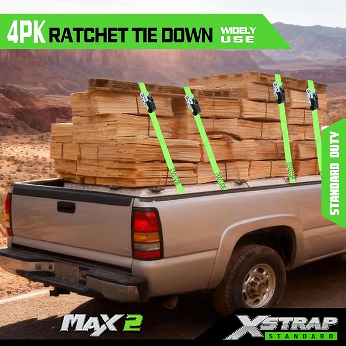 XSTRAP STANDARD Ratchet Tie Down Straps 4 Pk 15Ft- 500 Lbs Load Cap- 1500 Lb Break Strength-Cargo Straps for Moving Appliances, Lawn Equipment, Motorcycle