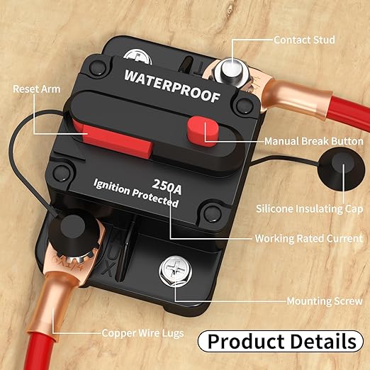 DaierTek 250A Circuit Breaker 12V Waterproof Marine 250 Amp Circuit Breaker 12 Volt for Automotive Car RV Boat -2Pack