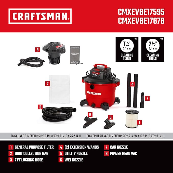 CRAFTSMAN CMXEVBE17595 16 Gallon 6.5 Peak HP Heavy Duty Wet/Dry Shop Vac with Filter, Dust Bag, Hose, Attachments and CMXEVBE17678 1.75 Peak HP Wet/Dry Shop Vac Powerhead with Filter Bag and Hose