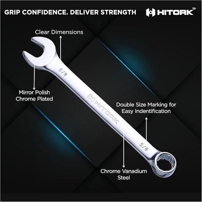 Hitork 24-Piece Combination Wrench Set, SAE (1/4"–1") & Metric (8–24mm), Cr-V Steel, Mirror Chrome Finish, 12-Point Box End, 15° Offset, with Roll Pouch – Ideal for Home, Garage & Auto Repair