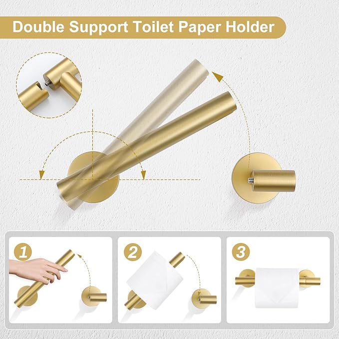 TQKAG 8-Pieces Bathroom Hardware Set Brushed Gold SUS304 Stainless Steel Bath Towel Bar Set 23.6 Inch Round Bathroom Accessories Kit Wall Mounted