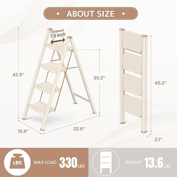 GameGem 4 Step Ladder Folding Step Stool with Wide Anti-Slip Pedal, 330LBS Capacity, Lightweight Portable Stepladder for Home and Kitchen Use, Cream Chocolate