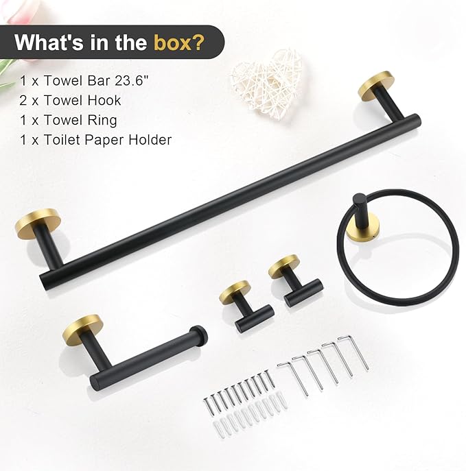 TQKAG Black and Gold Bathroom Accessory Set 5 Pieces, Round Stainless Steel Bath Towel Bar Set 23.6 Inch Towel Racks for Bathroom Wall Mounted
