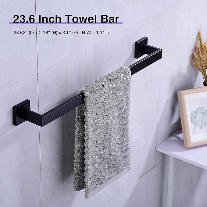 TRUSTMI Black Bathroom Hardware Set Contemporary 5-Pieces Wall Mounted Towel Bar Set, Stainless Steel Square Shaped Bathroom Hardware Accessories, Matte Black