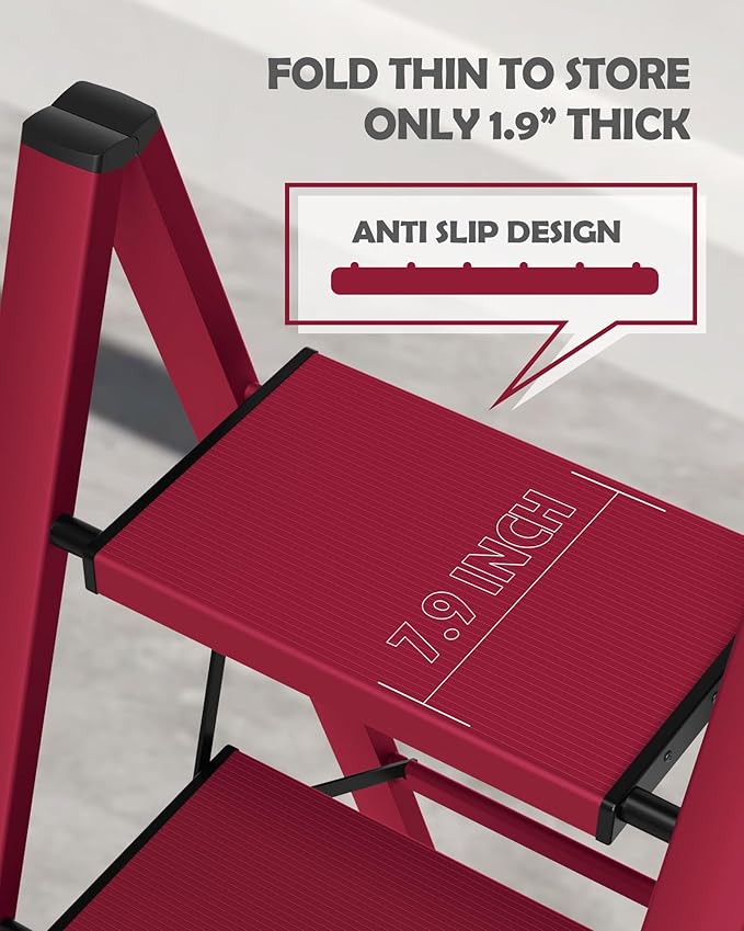 Taranta 4 Step Ladder,Aluminum Lightweight Folding 4 Step Stool with Anti-Slip Wide Pedal,330lbs Capacity Step Ladder for Household,Kitchen,Office - Red