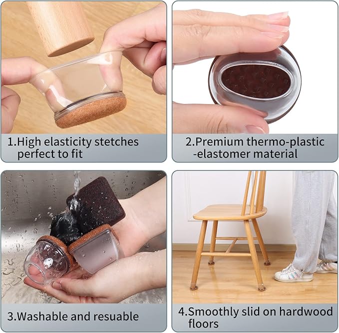 Ezprotekt 8 Pcs Extra Large Chair Leg Protectors with Felt, Silicone Felt Furniture Pads, Floor Protectors for Chair, Bar Stools Leg Protectors Caps, Table Leg Cups Covers (XL Fit: 1.4"-1.65", Clear)