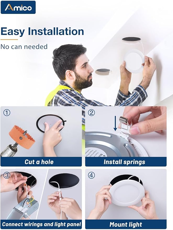 Amico 20 Pack 6 Inch 5CCT Ultra-Thin LED Recessed Ceiling Light with Junction Box, 2700K/3000K/4000K/5000K/6000K Selectable, 12W Eqv 110W, Dimmable Can-Killer Downlight, 1050LM High Brightness