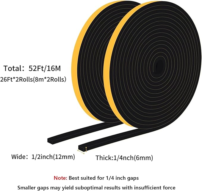 Weather Stripping Door Seal Strip, Strong Adhesive Doors and Windows Insulation Soundproof Weatherproof Foam Tape for Sliding Door, Front Door Frame, Window, Lightproof(1/2 In x 1/4 In x 52Ft)