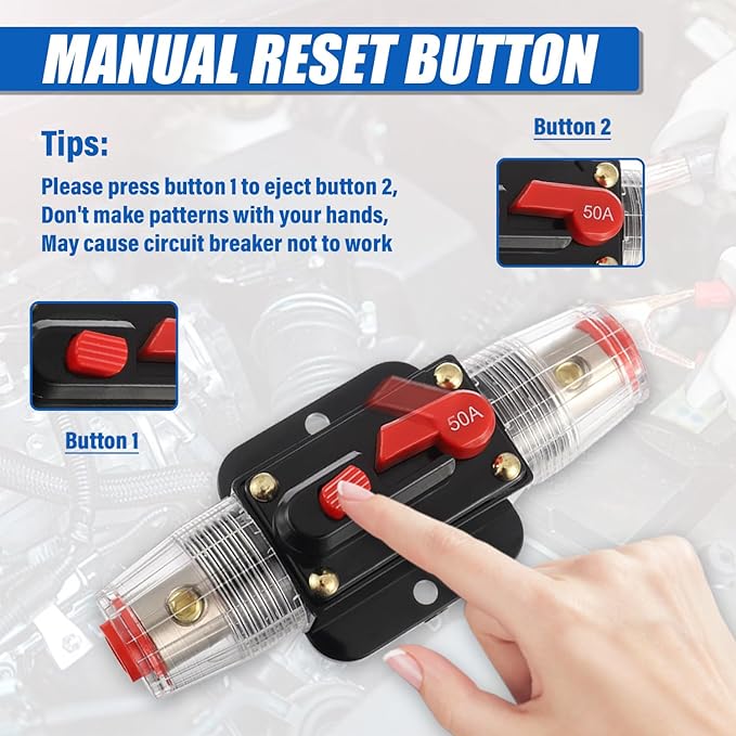 BOJACK 50A Audio Inline Circuit Breaker Reset Fuse Holder 12-24V DC Manual Reset Fuse Holder 3-15 AWG Overload Protection for Car Audio Sound Amplifier System RV Marine Boat Truck Solar Inverter