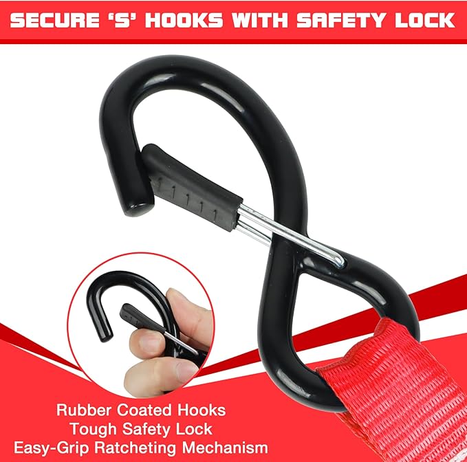 Ratchet Tie Down Straps 4 Pack -15 FT - 2200 LB Heavy Duty Srap for Trucks Cargo Ropes Tie Down Ratchet Rope Set Truck Bed with Safety Lock S Hooks Moving Hold Down-Red