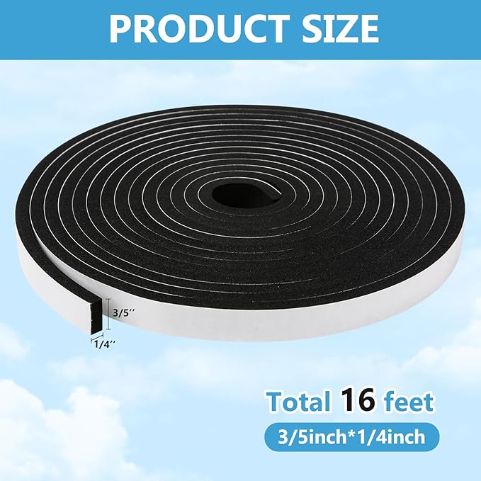 Weather Stripping Door Seal Strip (3/5 Inch X 1/4 Inch X 16Feet), Strong Adhesive, Lightproof, Soundproof, Weatherproof Foam Tape Insulation for Sliding Door, Front Door Frame, Windows- Black
