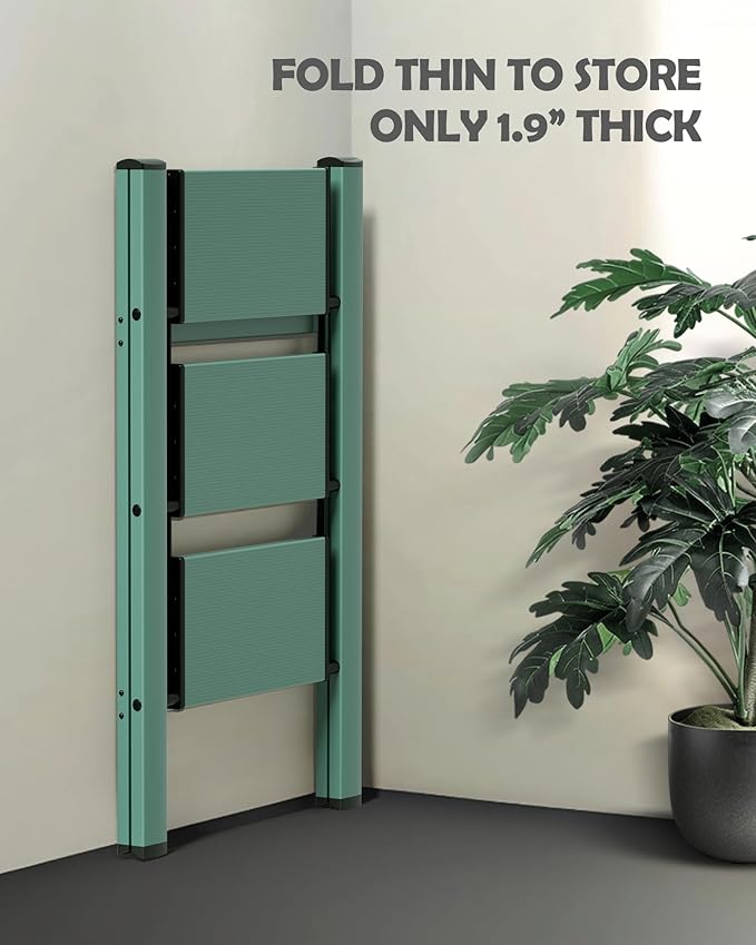 Taranta 3 Step Ladder,Aluminum Lightweight Folding 3 Step Stool with Anti-Slip Wide Pedal,330lbs Capacity Step Ladder for Household,Kitchen,Office - Green